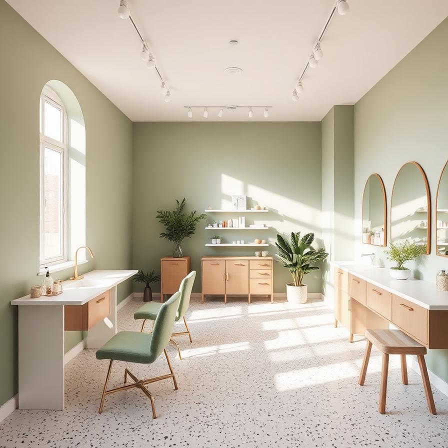 Modern minimalist beauty studio with sage walls